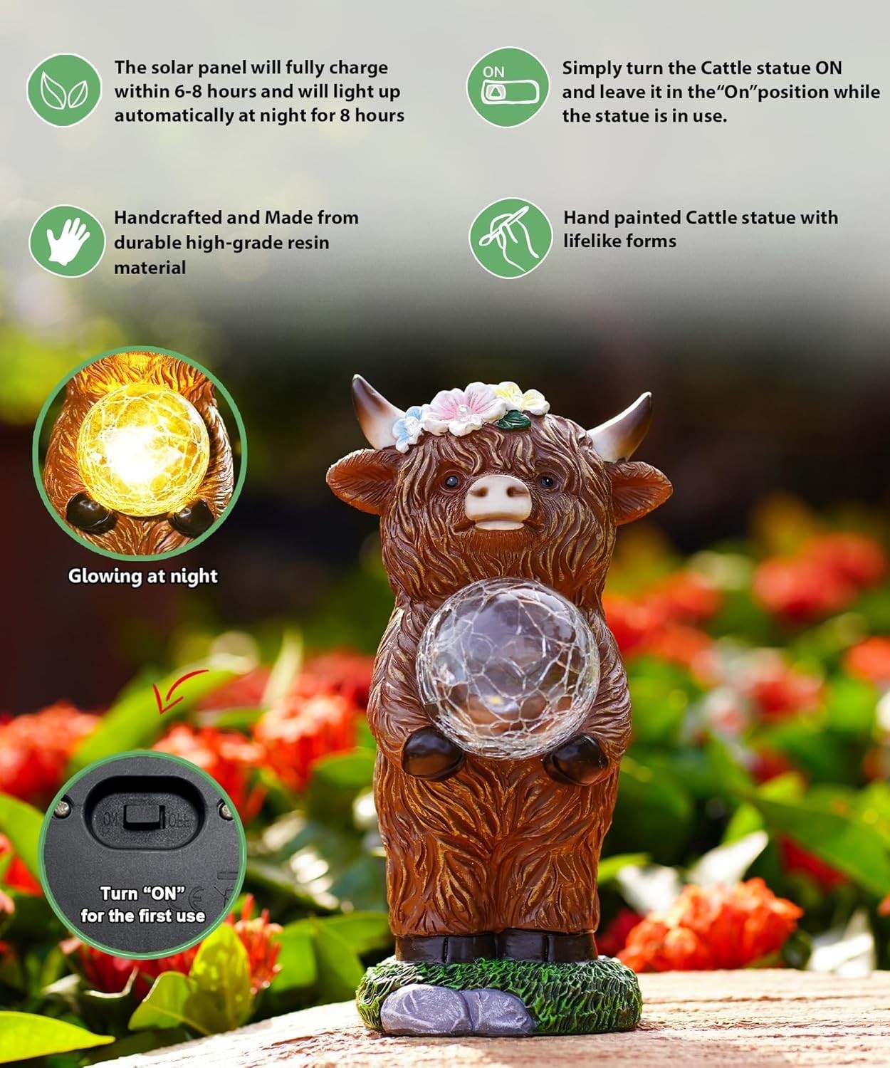 Solar Highland Cow Garden Ornament with Glowing Ball – Waterproof LED Lawn Decor