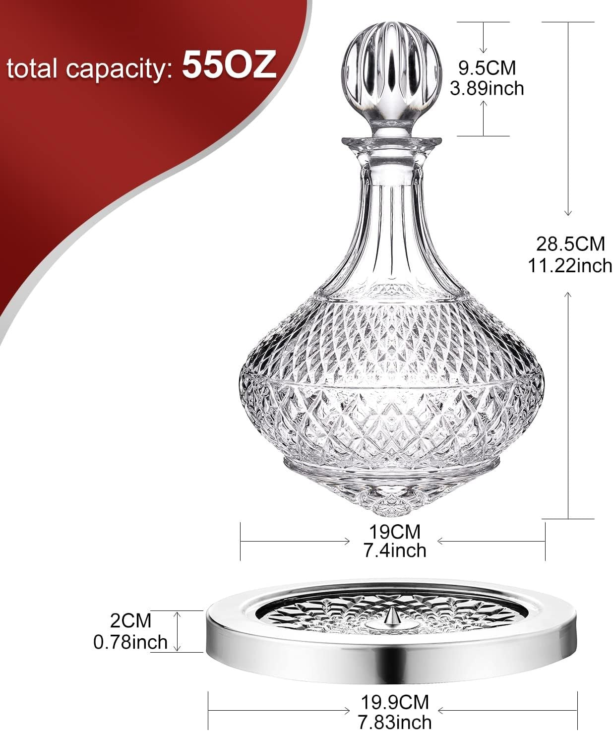 Crystal Spinning Wine Decanter 1.5L with Lid Luxury Gift Box Aerator Base