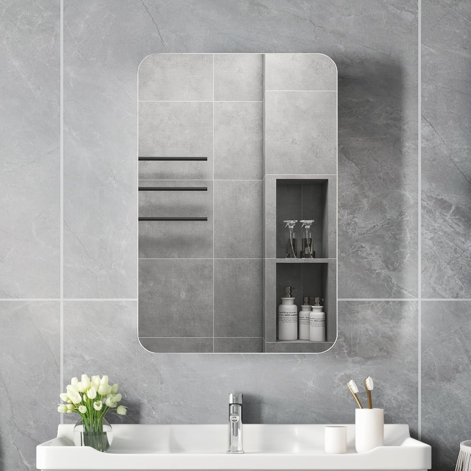 Modern Bathroom Mirror Cabinet Wall Mounted with Storage & Shelf 70cm