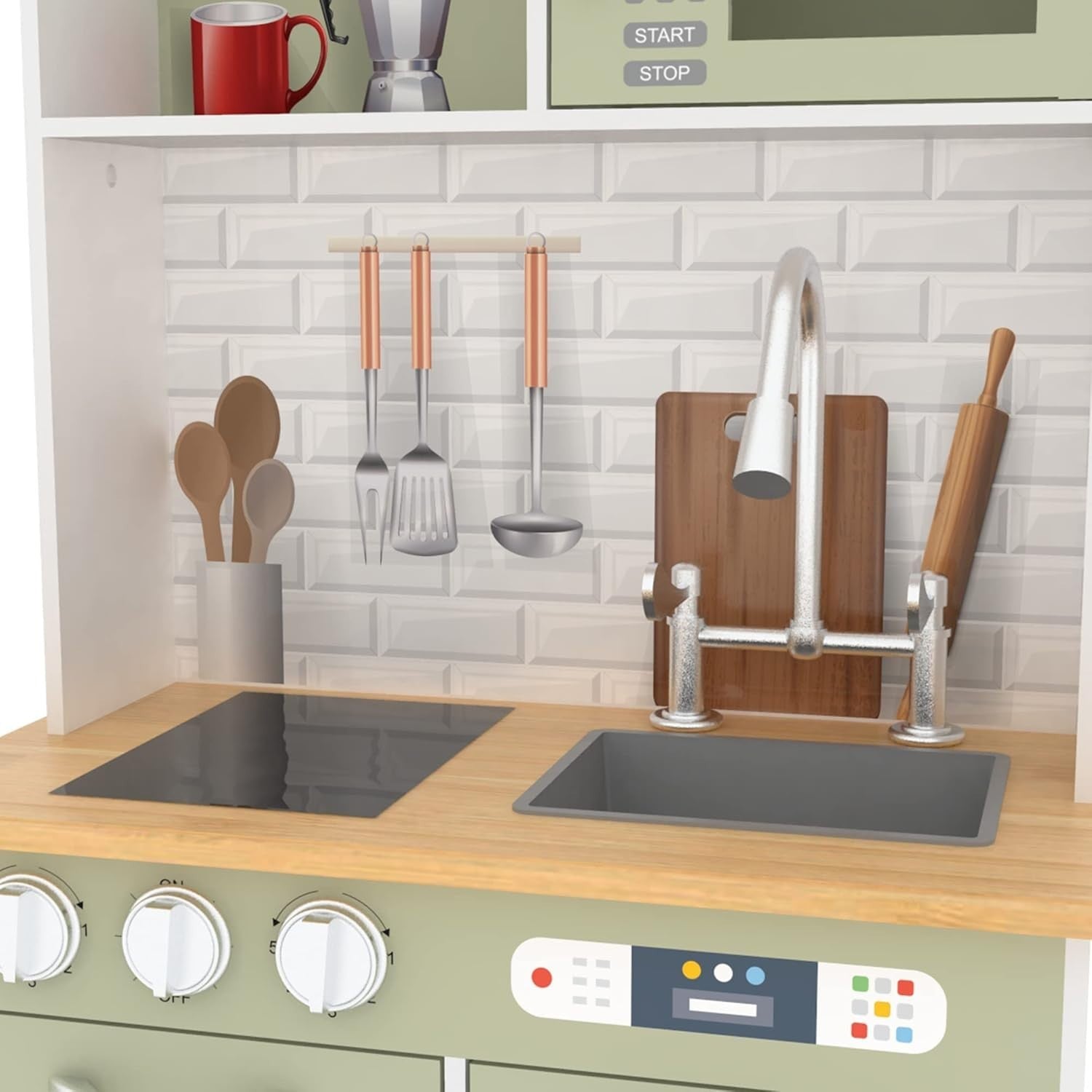 Wooden Kids Play Kitchen Farmhouse Toy Set Accessories Light Green