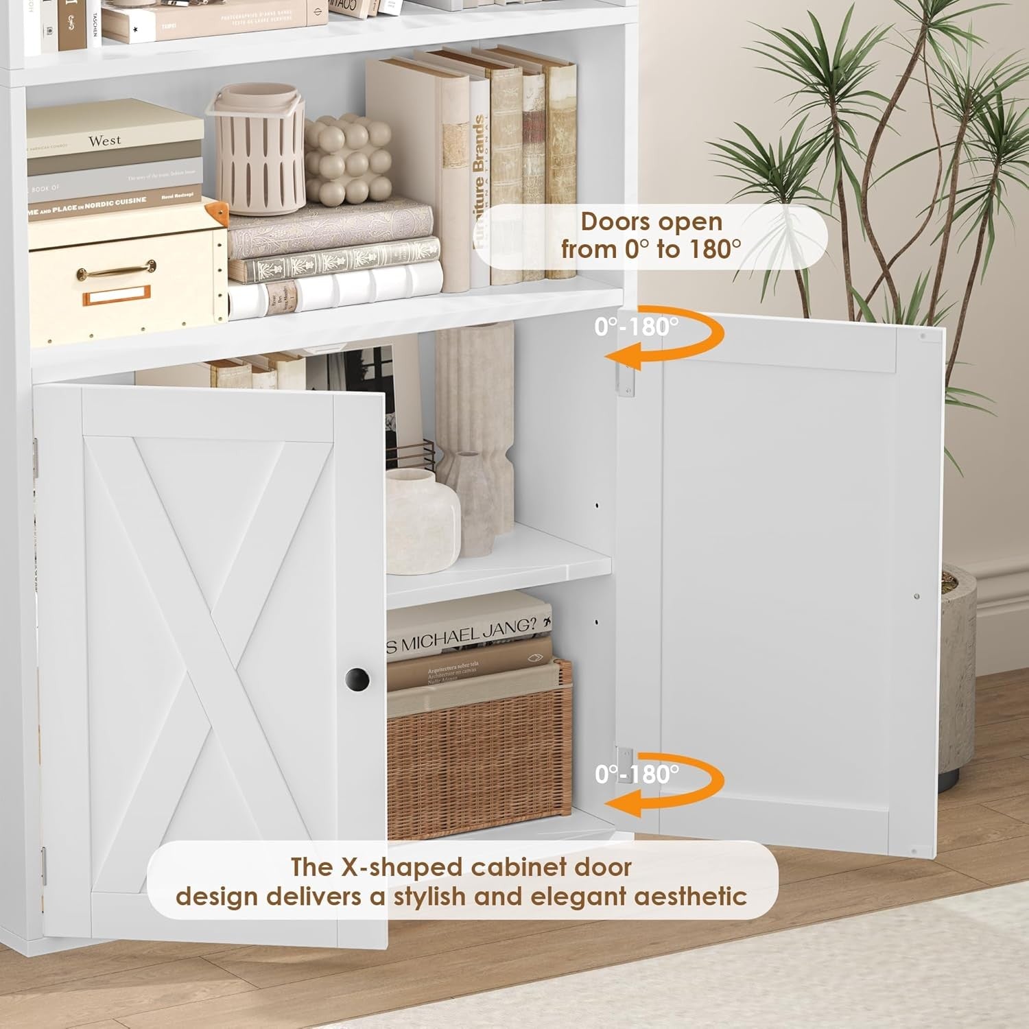 Tall White 7-Tier Bookcase with Doors Modern Storage Cabinet Adjustable Shelves