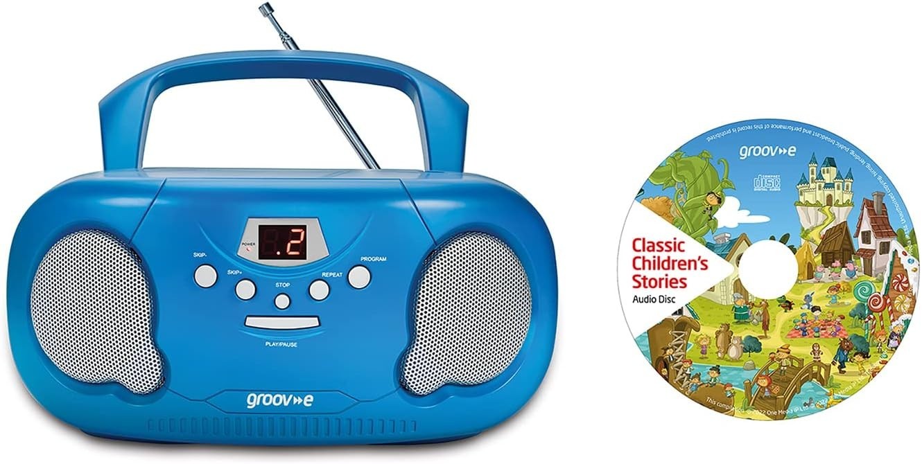 Portable Kids Boombox CD Player with Radio, Story CD & Aux – Blue