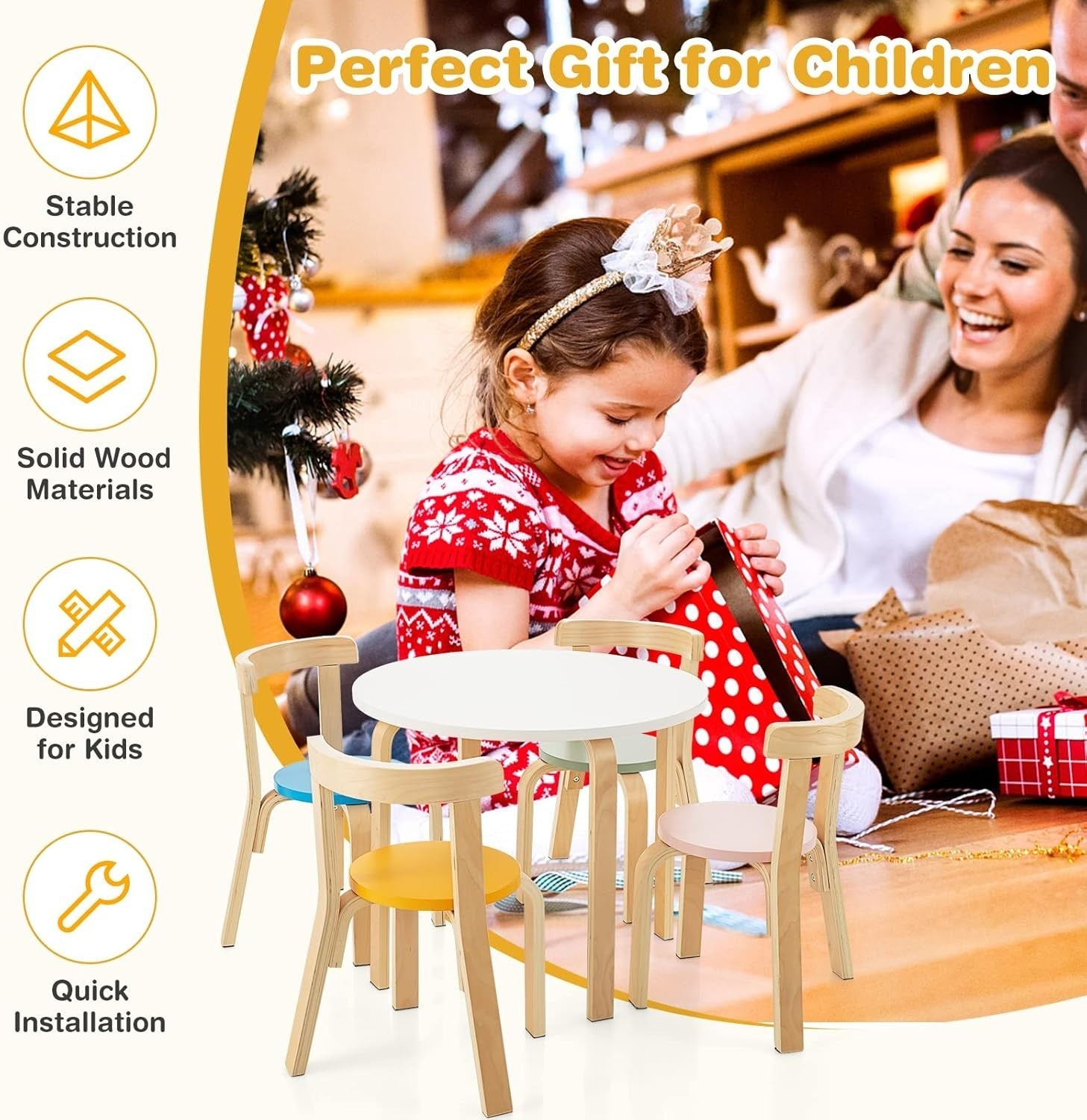 Kids 5-Piece Table & Chair Set, Wooden Activity Furniture for Play & Learning