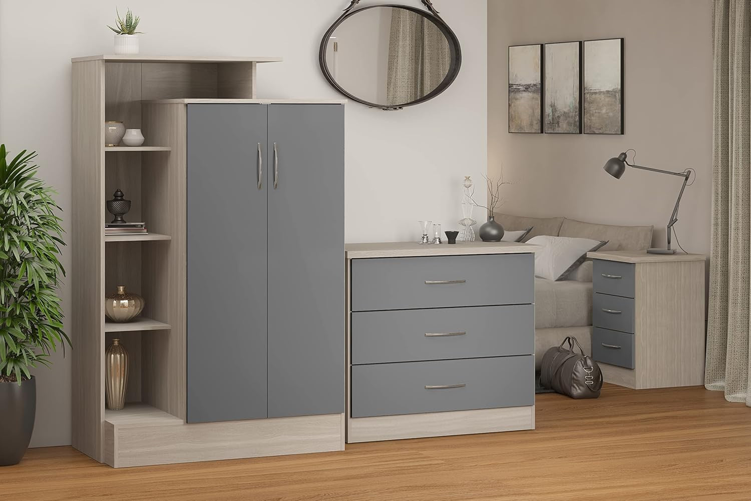 Grey Gloss Wardrobe with Open Shelves 2 Door Storage Cabinet Bedroom Unit