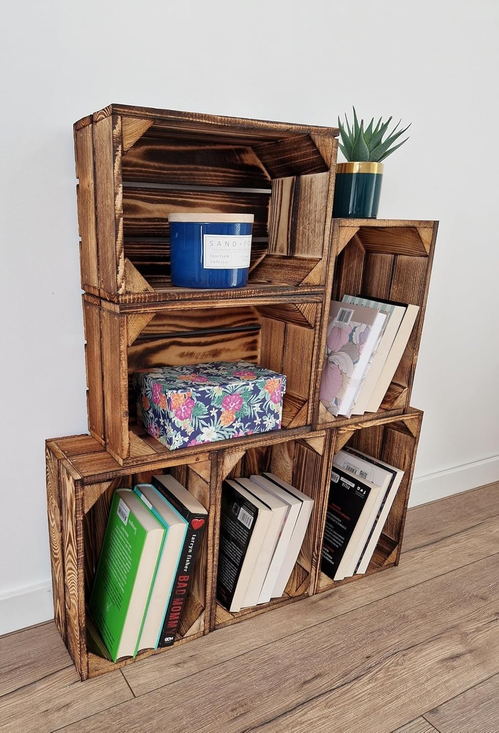 9-Piece Burnt Effect Wooden Storage Crates Organizer 30x20x15cm Durable