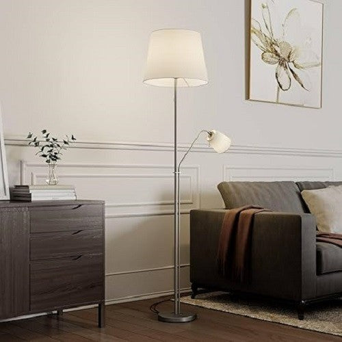 Modern Floor Lamp White Fabric Shade Standing Reading Light Satin Nickel