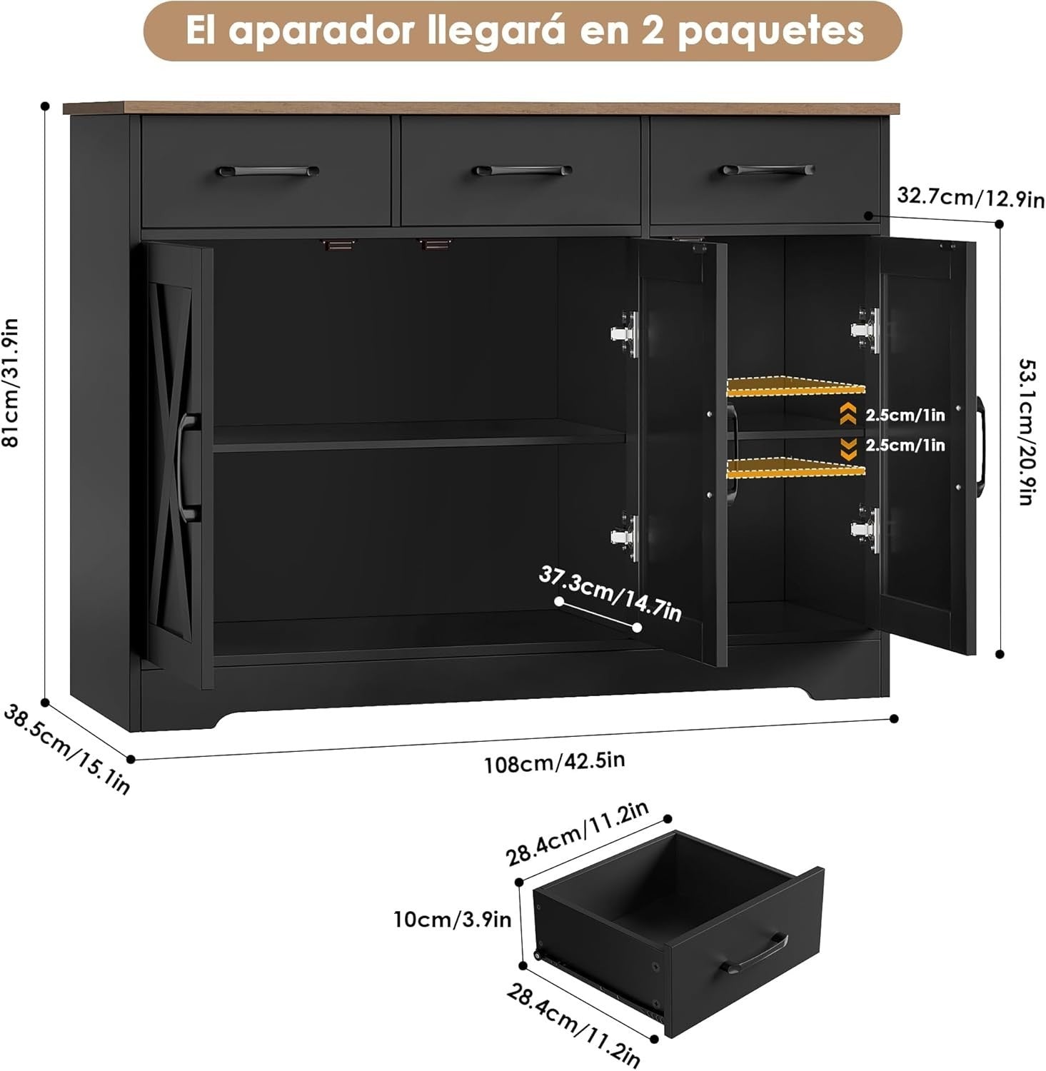 Modern Sideboard Cabinet Black Brown – 3 Drawers 3 Doors, 108cm Storage Unit