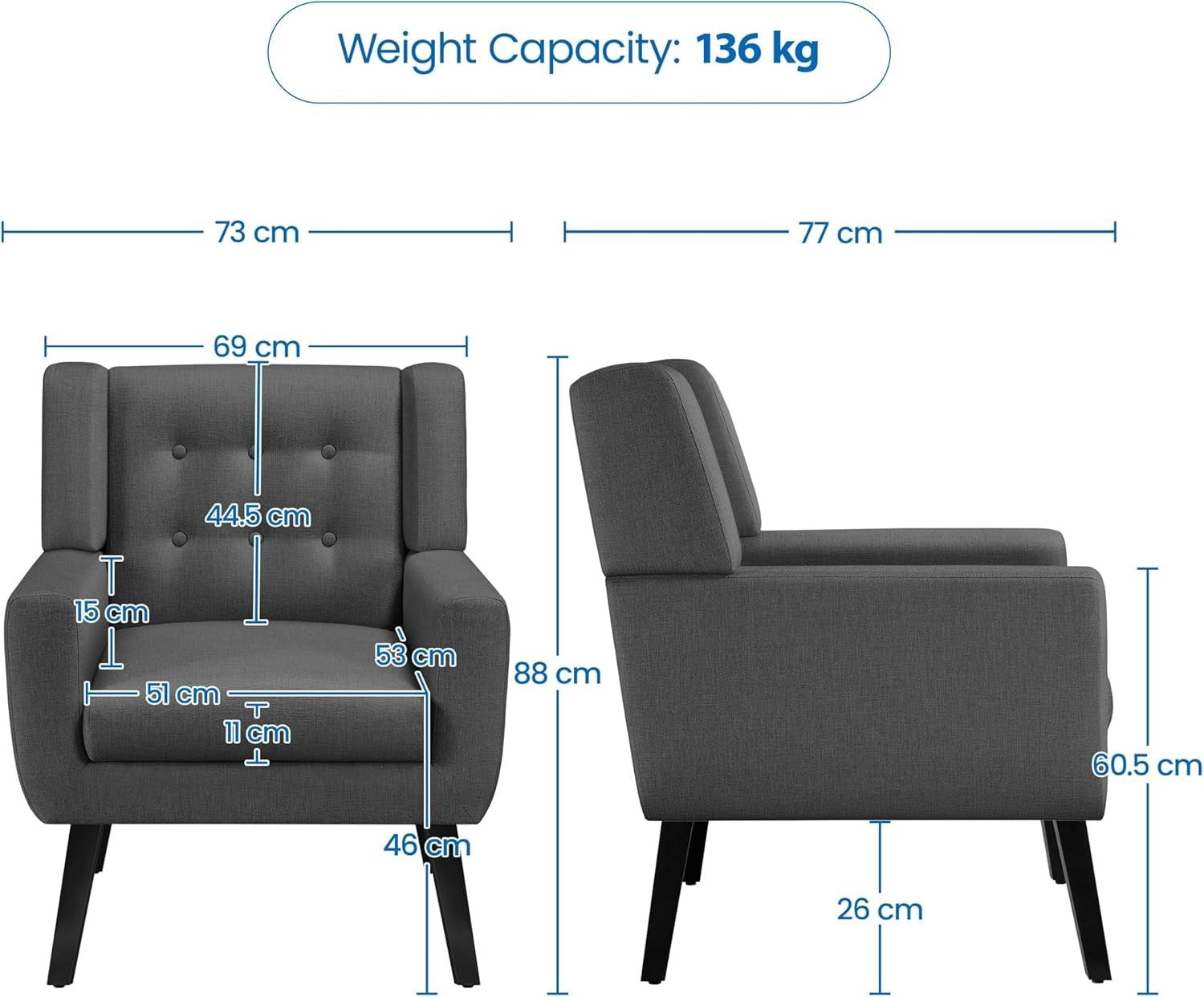 Set of 2 Dark Grey Linen Armchairs | Modern Button Tufted Tub Chairs