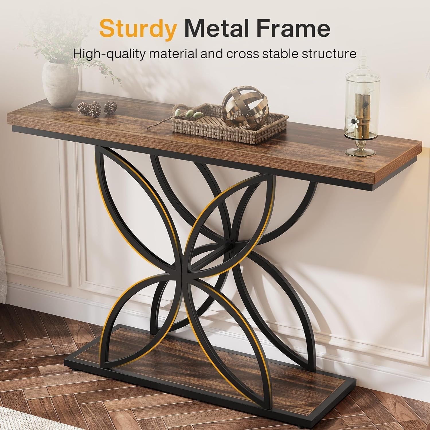 47" Industrial Console Table with Unique Butterfly Metal Base, Rustic