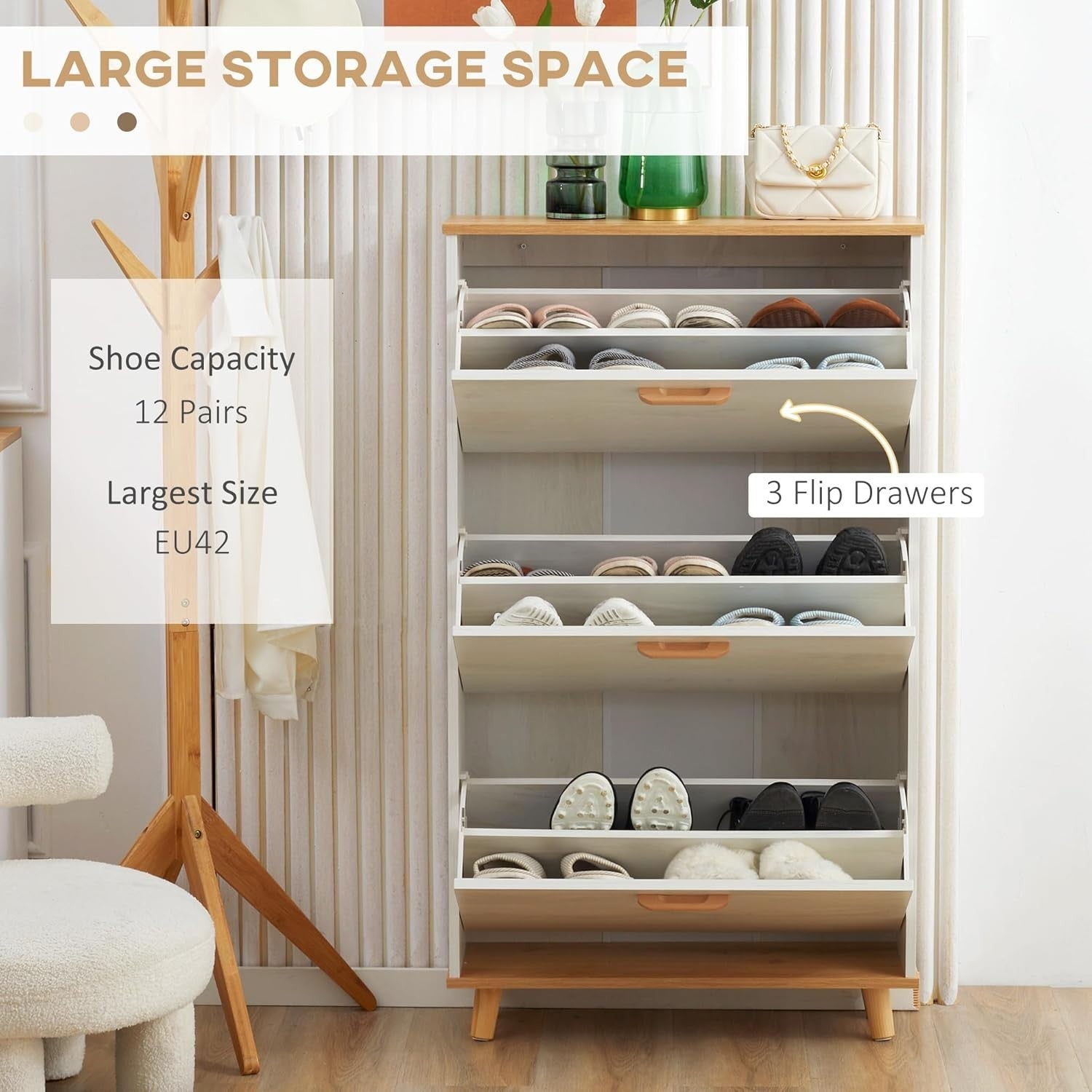 Slim White Shoe Cabinet with 3 Flip Drawers & Adjustable Shelves, 12 Pairs