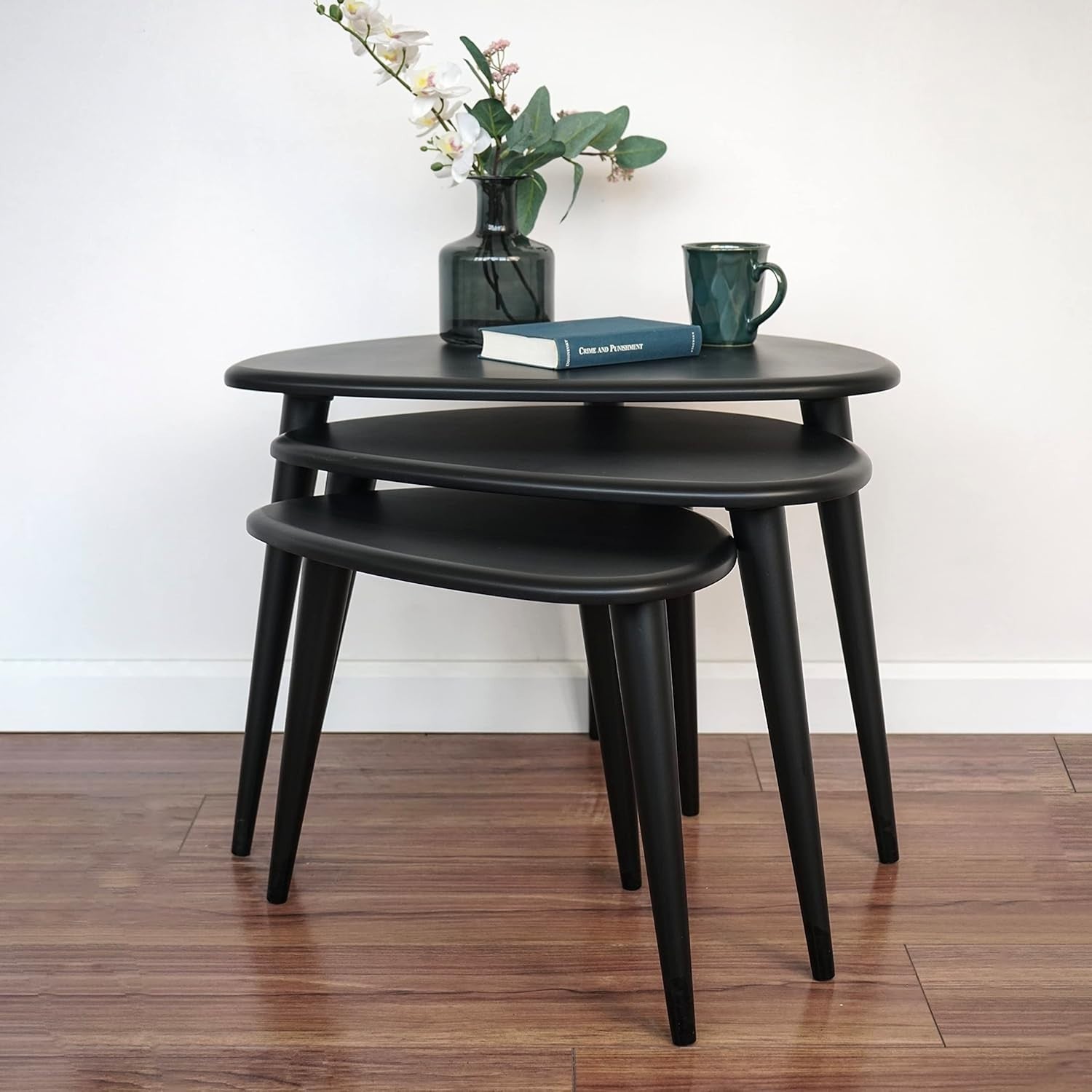 Space Saving Coffee Table Side End Bedside Round Wood Walnut Black