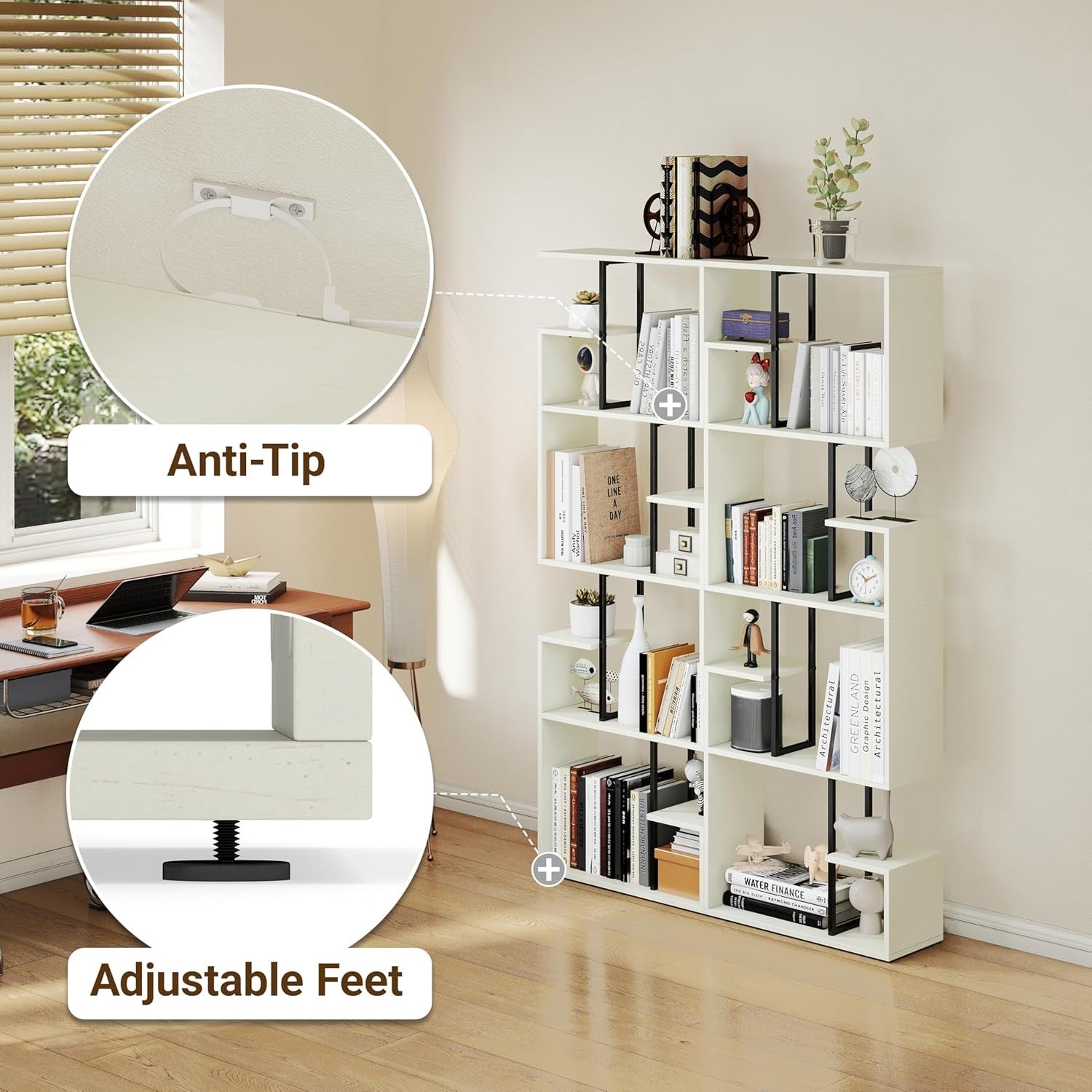 White 4-Tier Slim Bookcase Room Divider, Asymmetric Display Storage Shelf