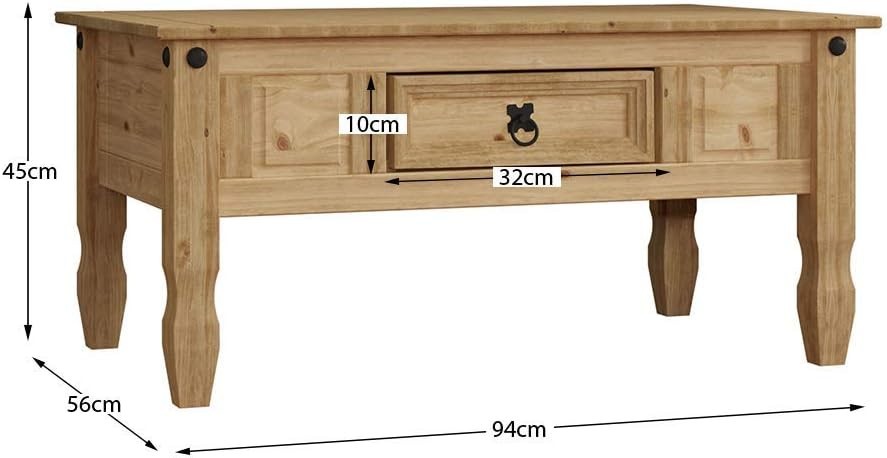 Rustic Solid Pine Coffee Table with Drawer – Distressed Wood, 94cm Wide