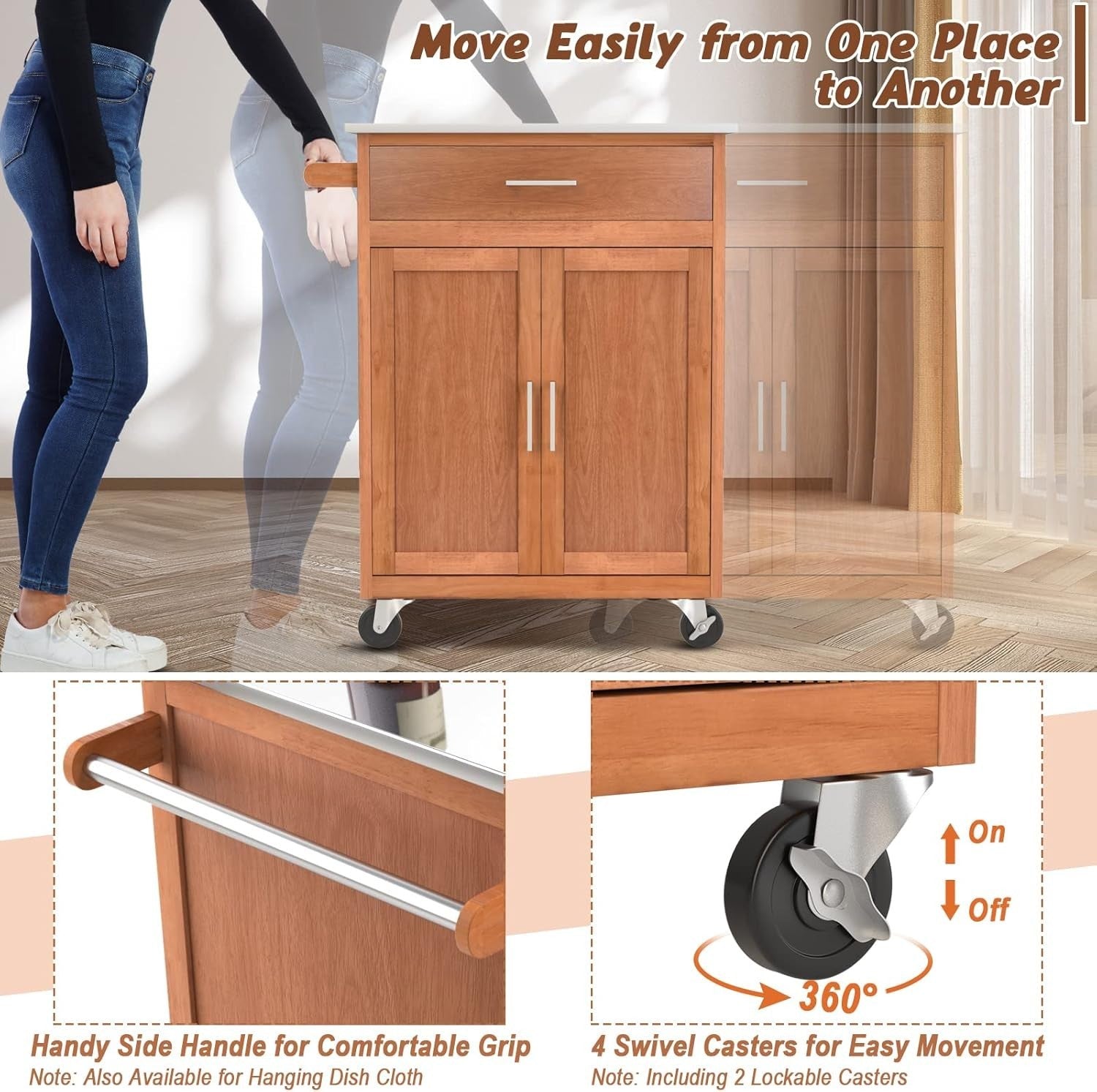 Kitchen Storage Trolley with Stainless Steel Top, Rolling Cart, Adjustable.