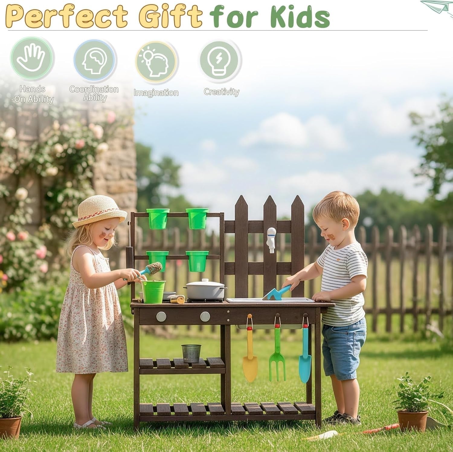 Outdoor Wooden Mud Kitchen Kids Garden Playset Sink Pots Toy