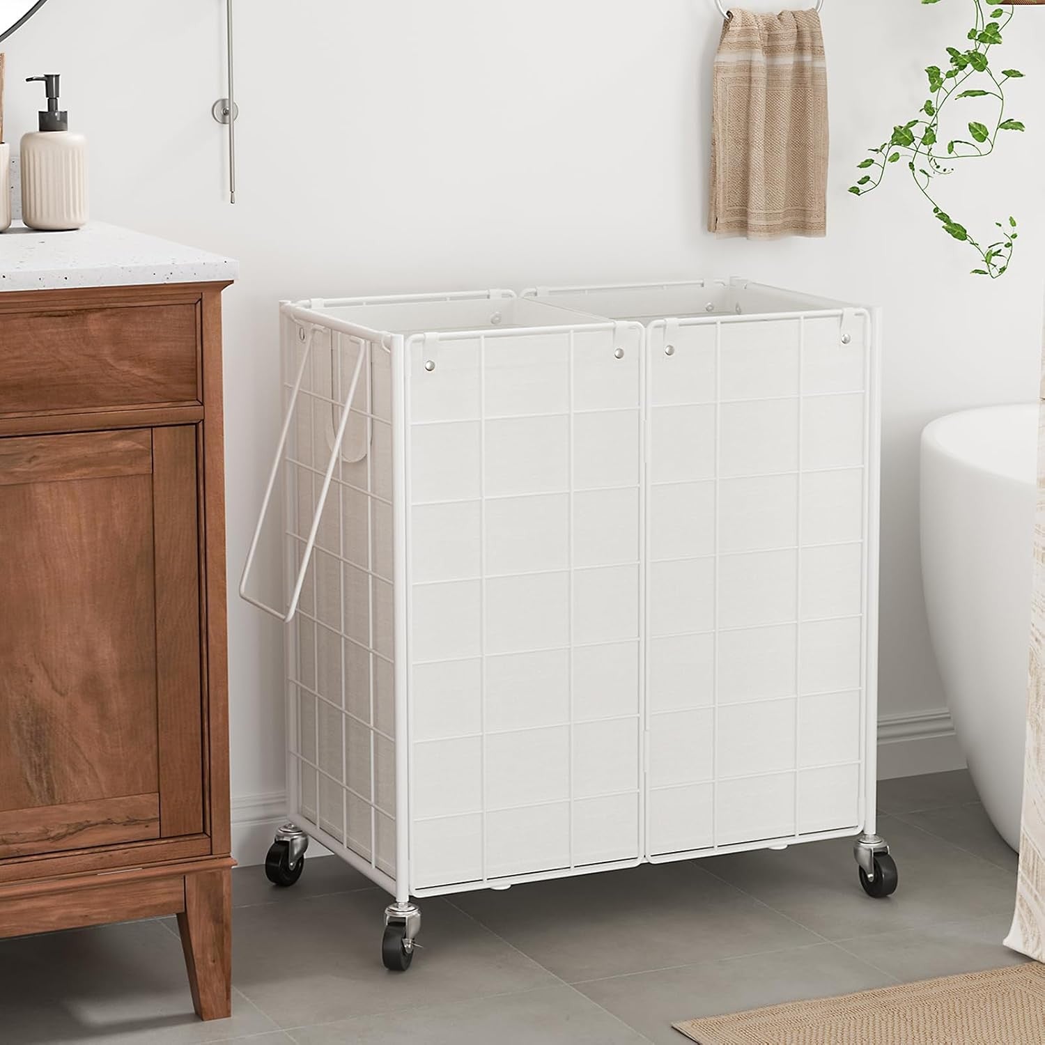 120L Double Rolling Laundry Hamper White Metal Frame with 2 Removable Bags