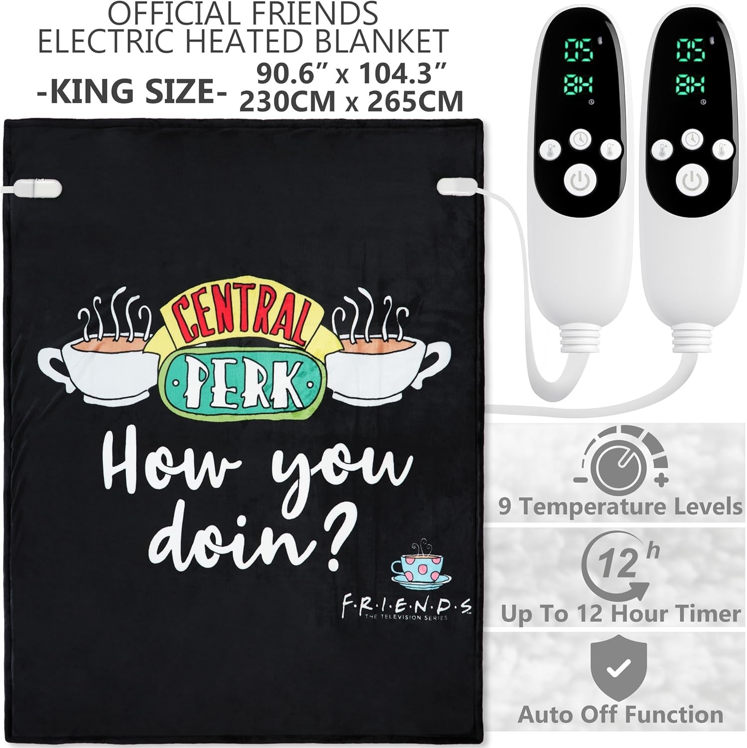 King Size Electric Heated Blanket 230x265cm Sherpa Fleece 9 Heat Timer