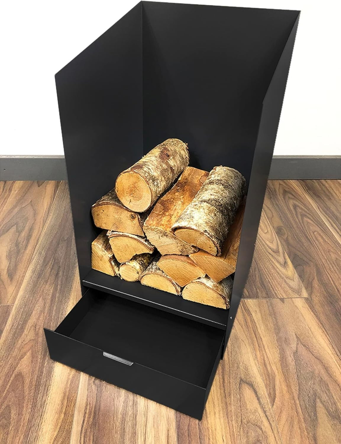 Firewood Log Holder with Drawer – Tall Steel Basket for Indoor Storage