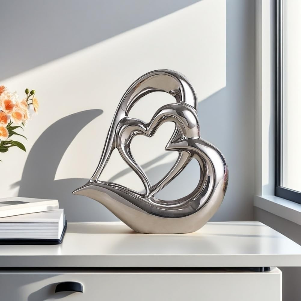 Silver Double Heart Ceramic Sculpture Modern Luxury Ornament Home Decor Gift