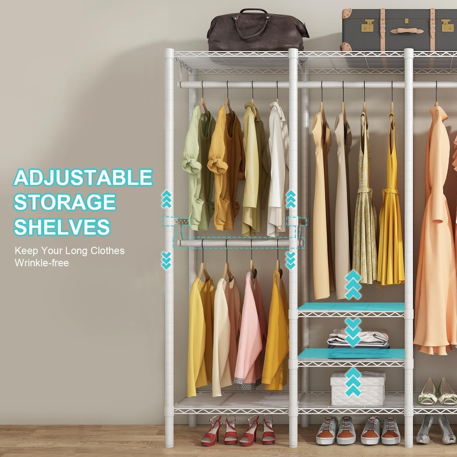 Heavy Duty Clothes Rail 4 Rod Adjustable Shelves Wardrobe White