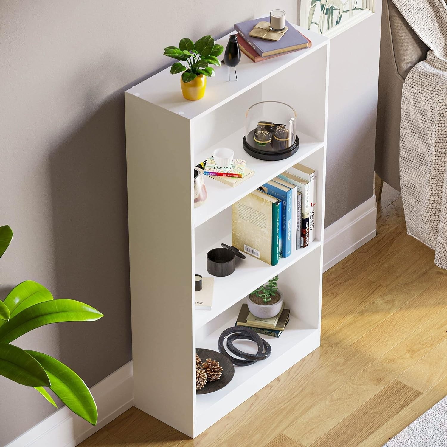 3 Tier White Wooden Bookcase Modern Storage Display Shelf for Living Room