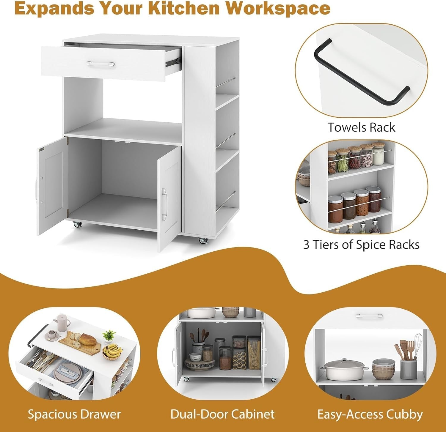 White Kitchen Island Trolley Cabinet with Spice Rack