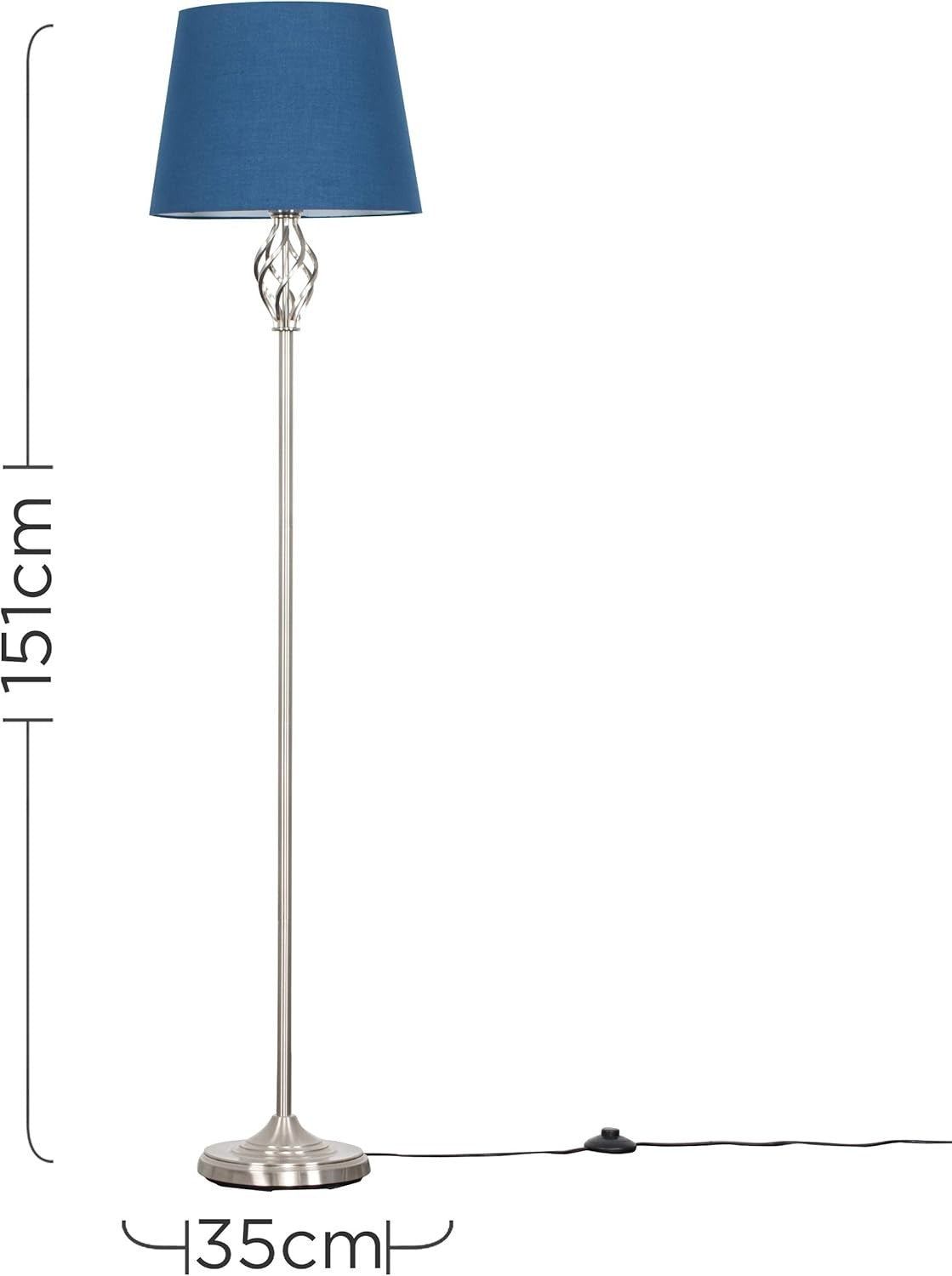 Traditional Nickel Twist Floor Lamp Navy Blue Tapered Shade Living Room Light