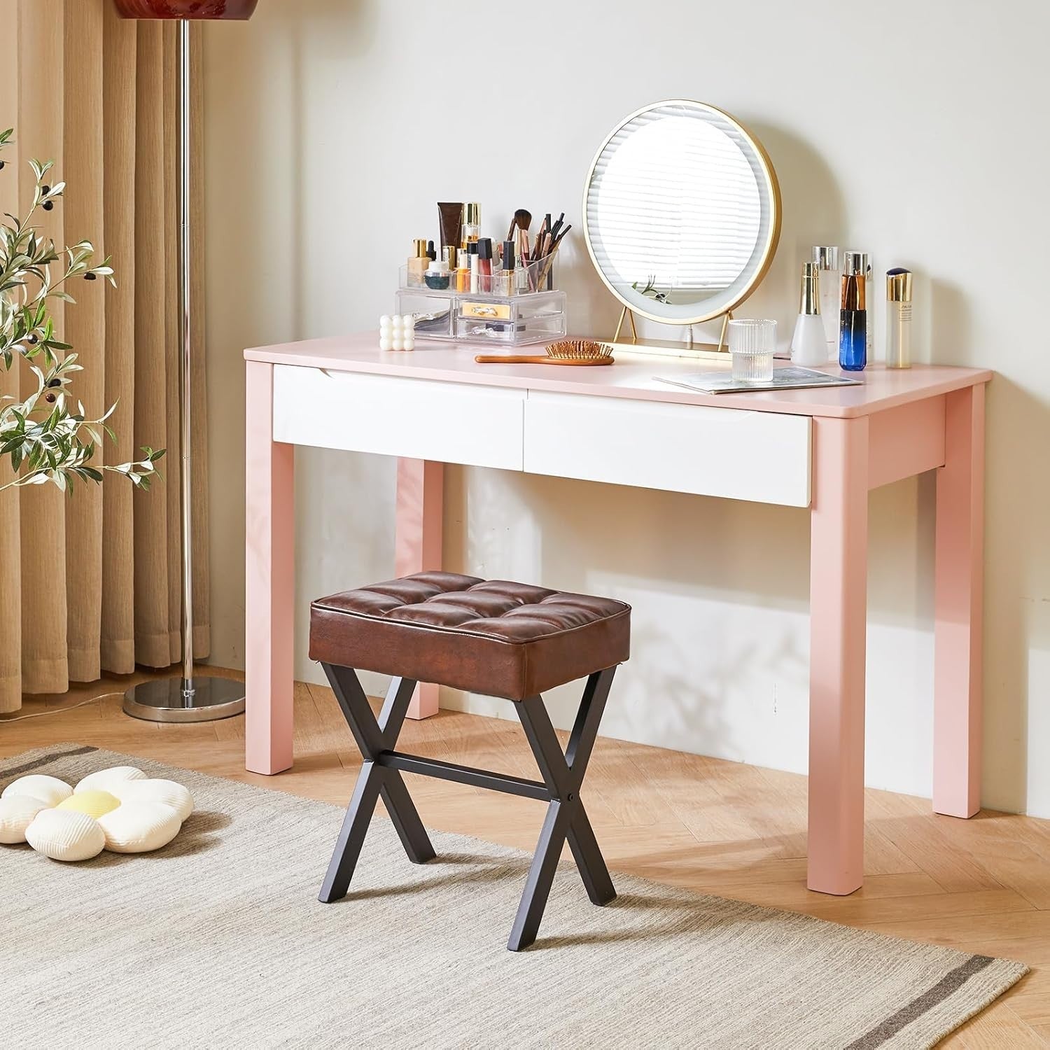 Square PU Makeup Stool with X-Leg Design – Compact Vanity Footrest (Dark Brown)