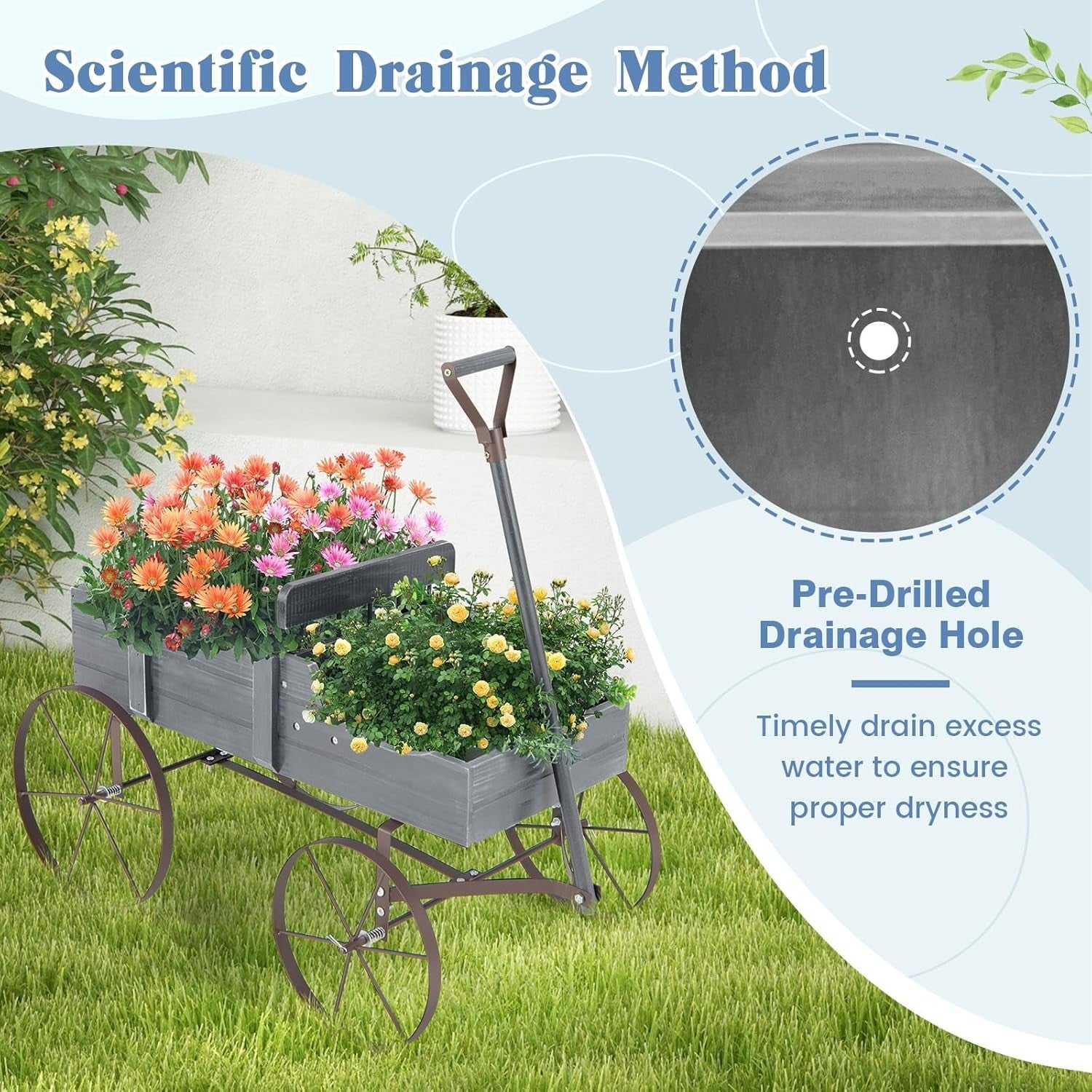 Decorative Wooden Garden Wagon Planter Cart with Wheels Rotatable Handle Grey