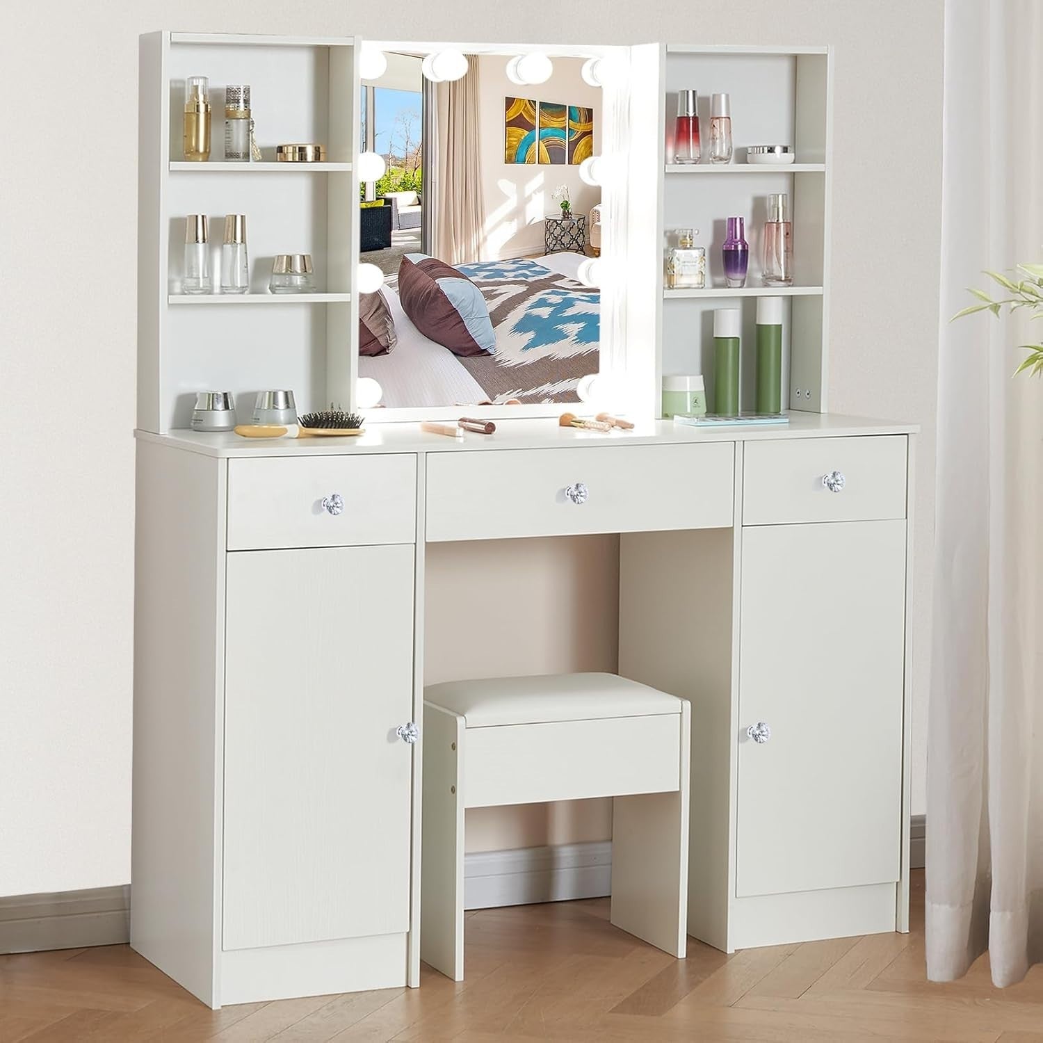 White Vanity Dressing Table Set w/ LED Lighted Mirror 3 Drawers Crystal Handle