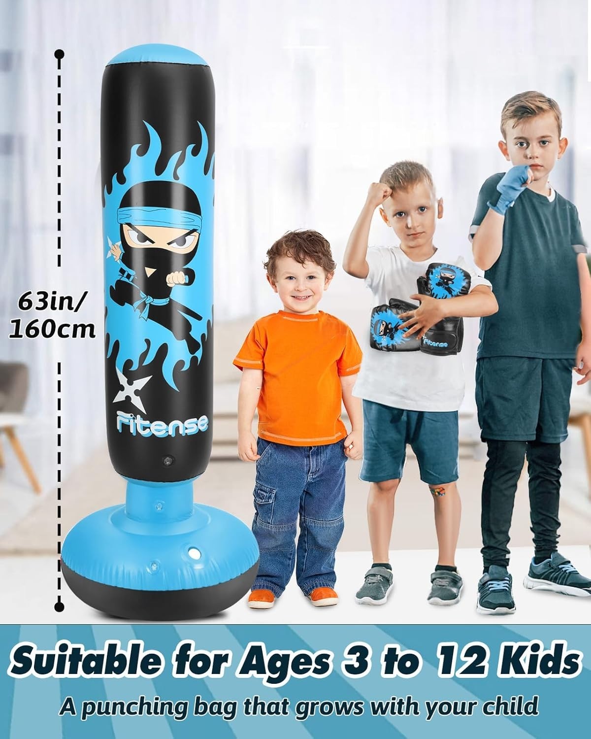 Kids Inflatable Punching Bag 63" Boxing Karate Set Gloves Pump