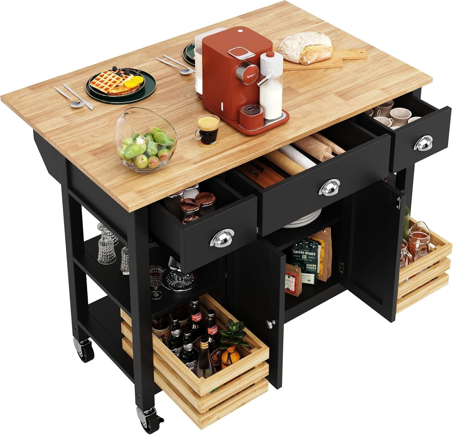 Kitchen Island Trolley on Wheels with Drawers & Folding Side Table Storage