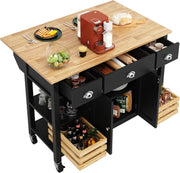 Kitchen Island Trolley on Wheels with Drawers & Folding Side Table Storage
