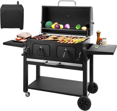 Large Charcoal BBQ Grill with Dual Adjustable Trays & Temperature Gauge
