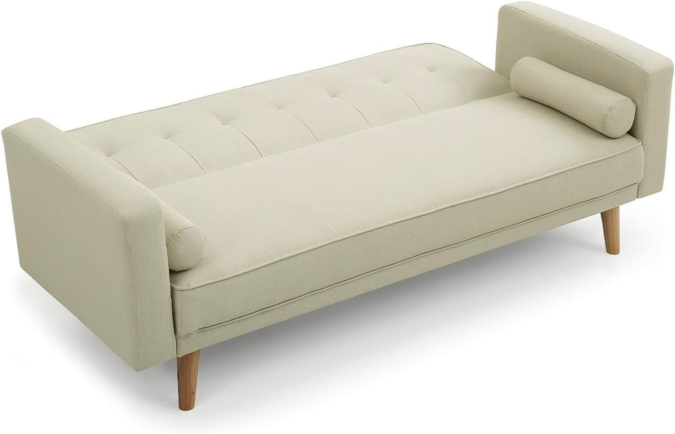 Cream 3 Seater Sofa Bed Linen Fabric Click Clack Couch for Guest Rooms