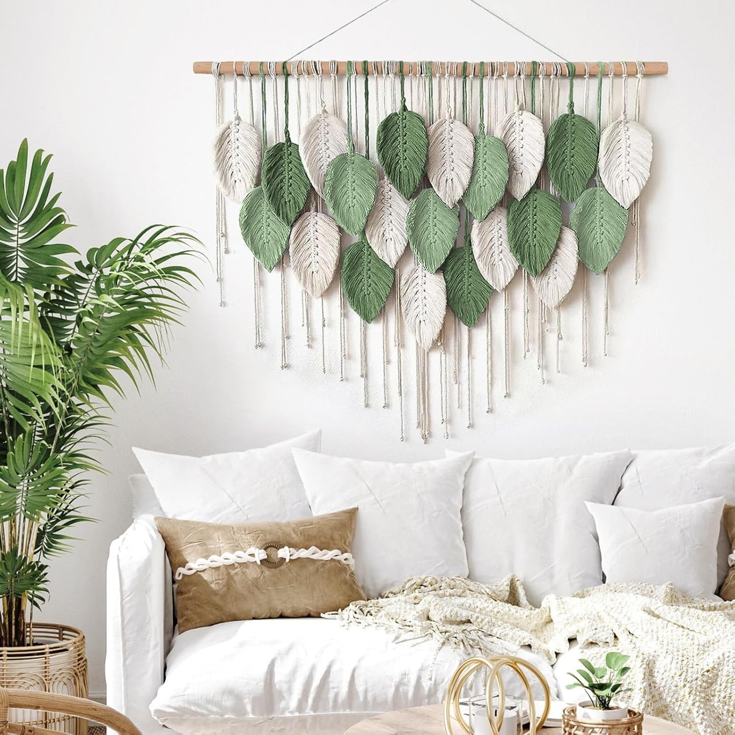 Large Boho Macrame Wall Hanging Leaf Woven Decor Beige