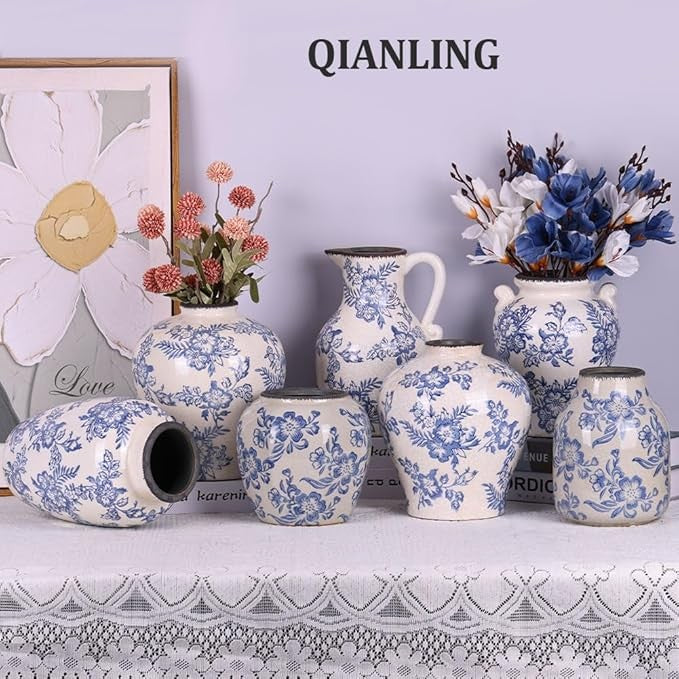 Blue White Floral Ceramic Vase Vintage Chinoiserie Table Centrepiece 23cm