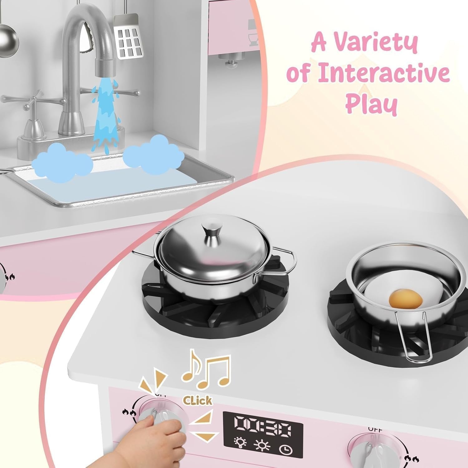 Kids Wooden Play Kitchen Set w/ Lights Sounds Microwave Sink Pink