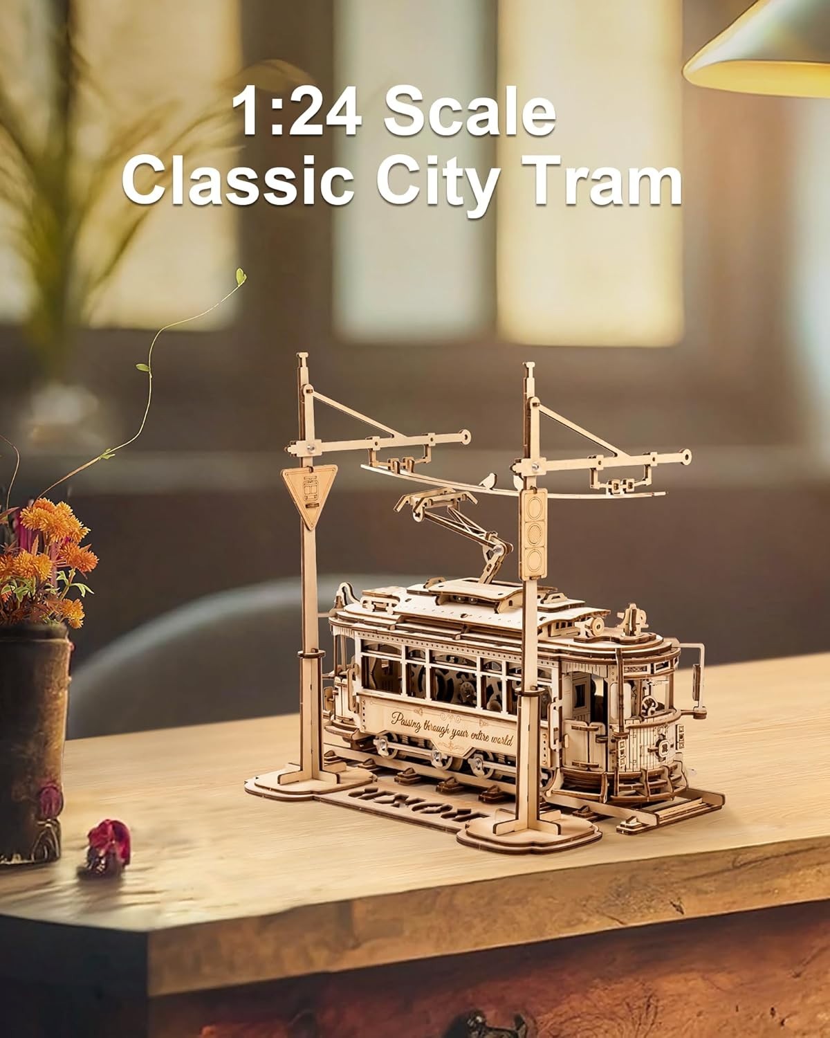 Interactive Wooden 3D Puzzle Tram Model Kit with Mechanical Gears