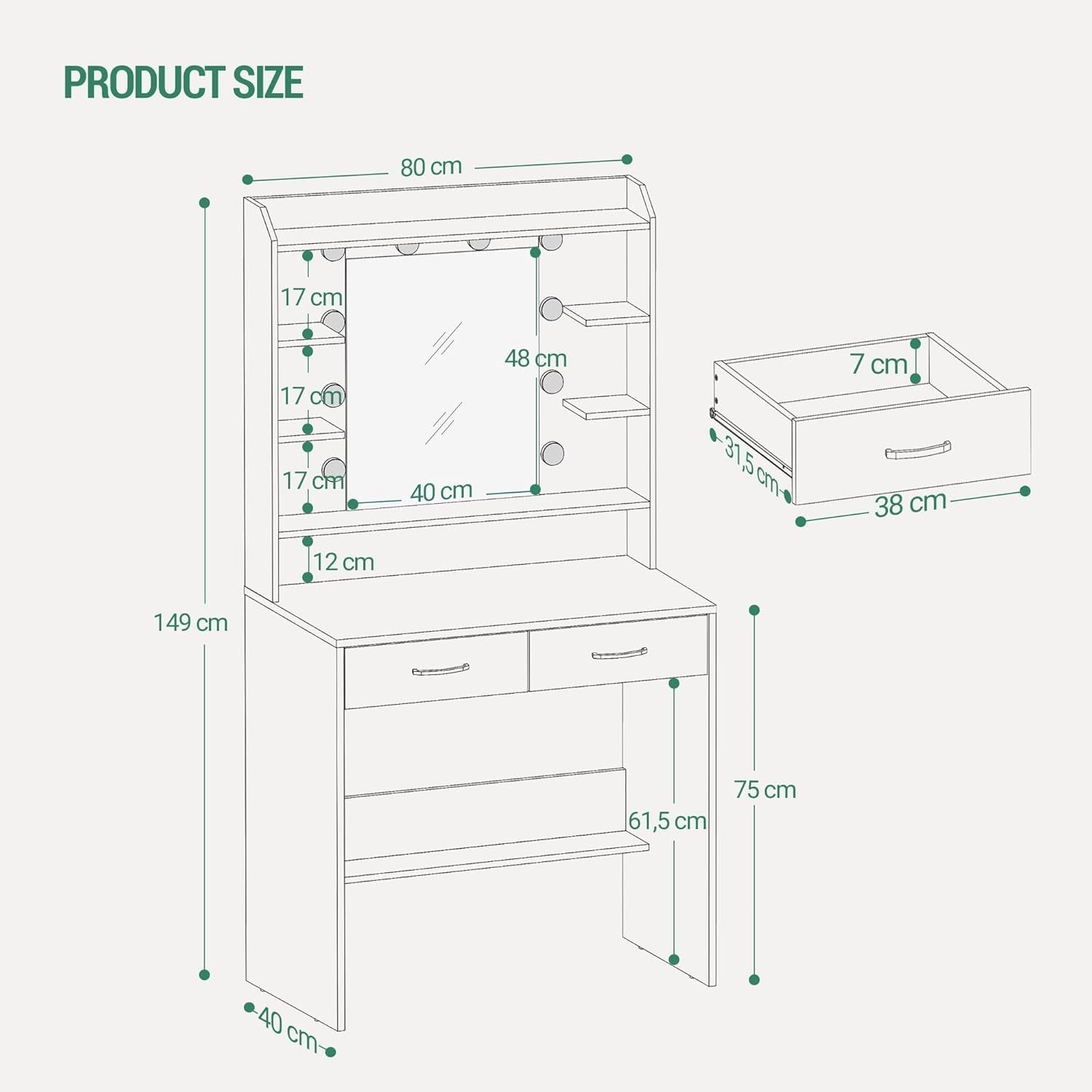White Dressing Table Makeup Vanity Desk LED Lights Mirror Storage Drawers