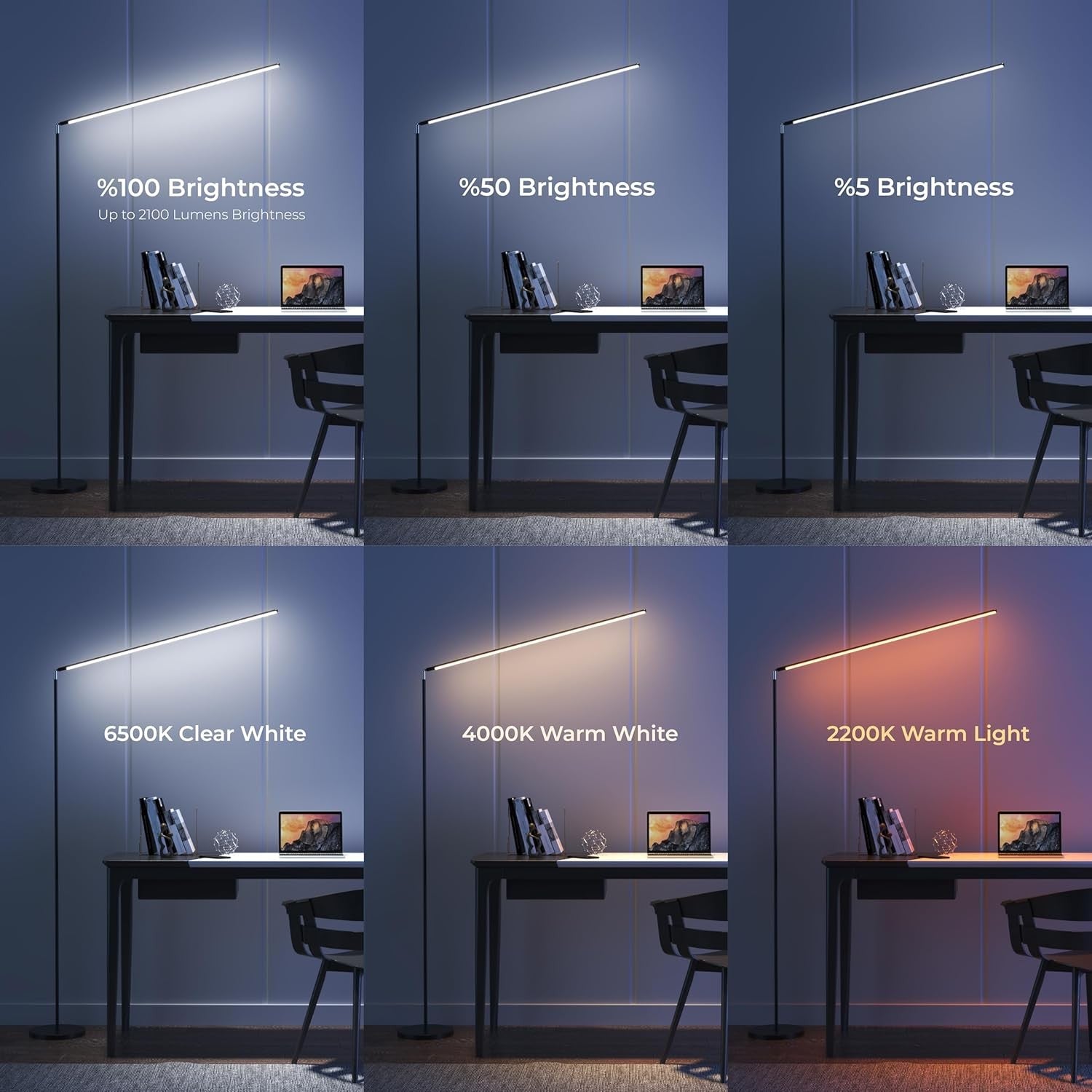 LED Floor Lamp Remote Control Dimmable Modern Slim Reading Light Black