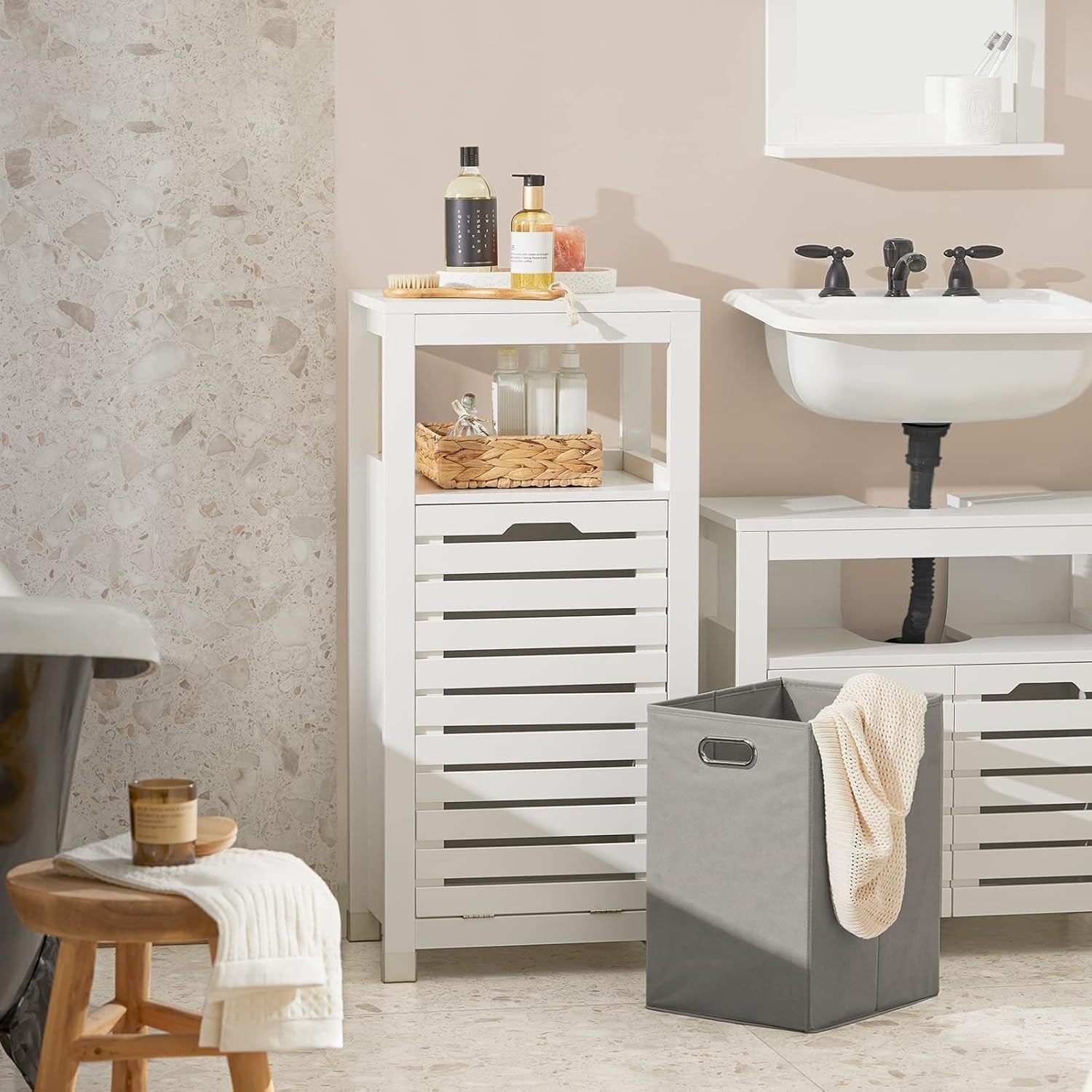 Bathroom Cabinet with Laundry Basket White Compact Storage Unit Shelf