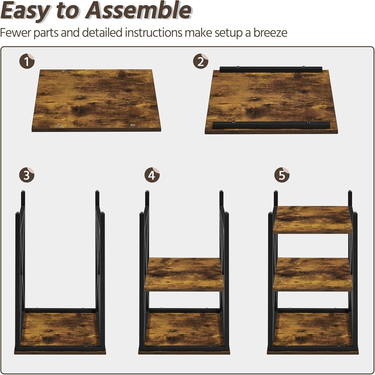 Set of 2 Rustic Brown 3-Tier Side Tables with Storage, Sturdy X-Frame