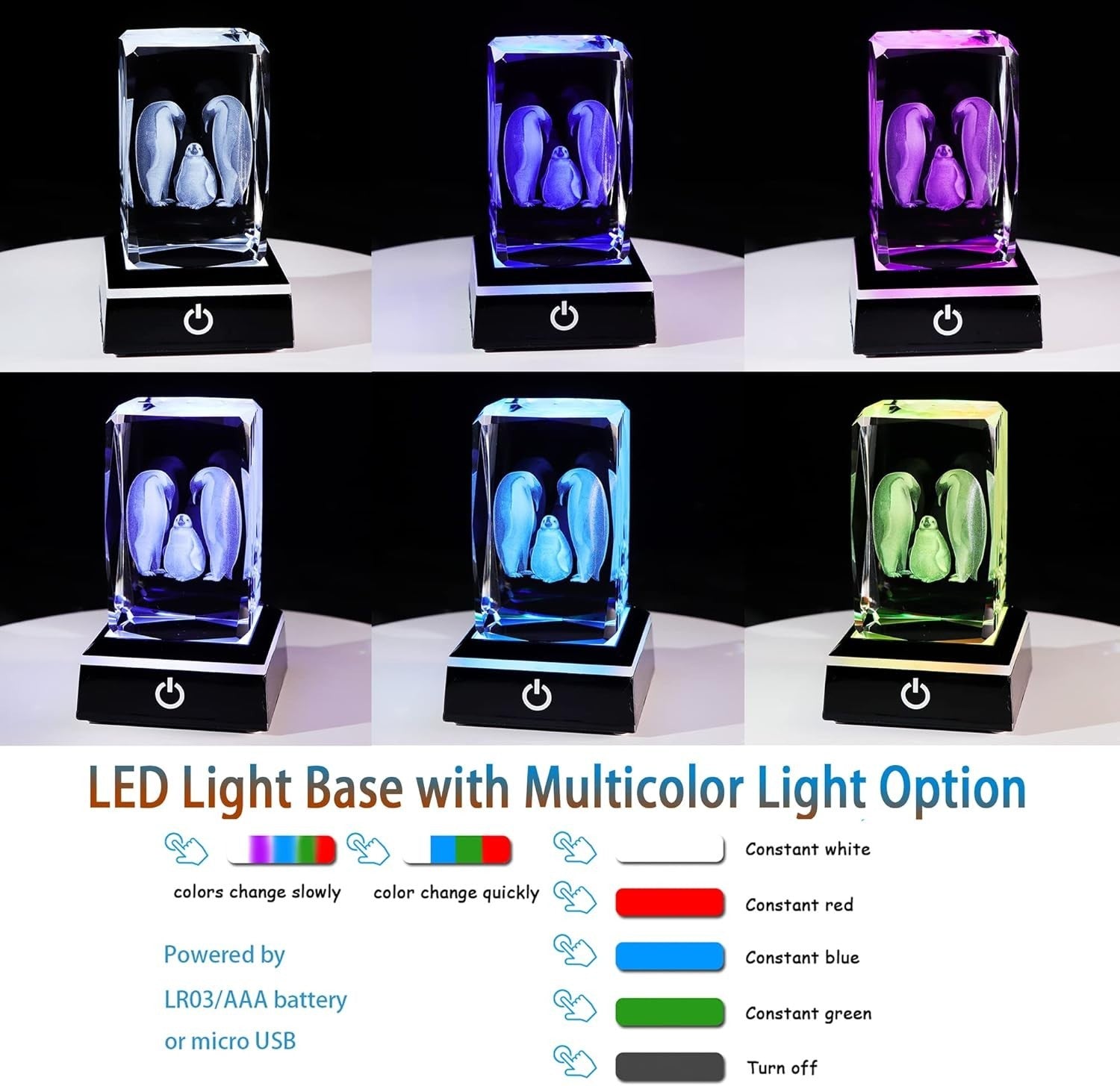 3D Crystal Penguin Family Figurine with LED Base • Glass Night Light Gift Decor