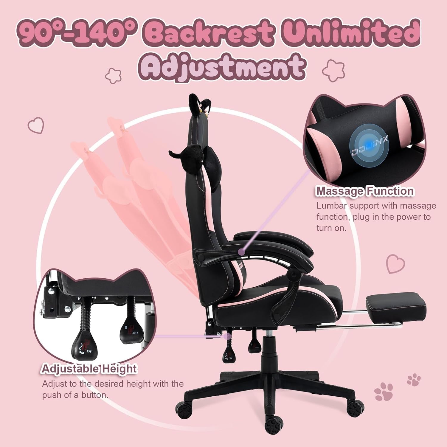 Cute Cat Ear Gaming Chair Massage Lumbar Footrest 290lbs Black