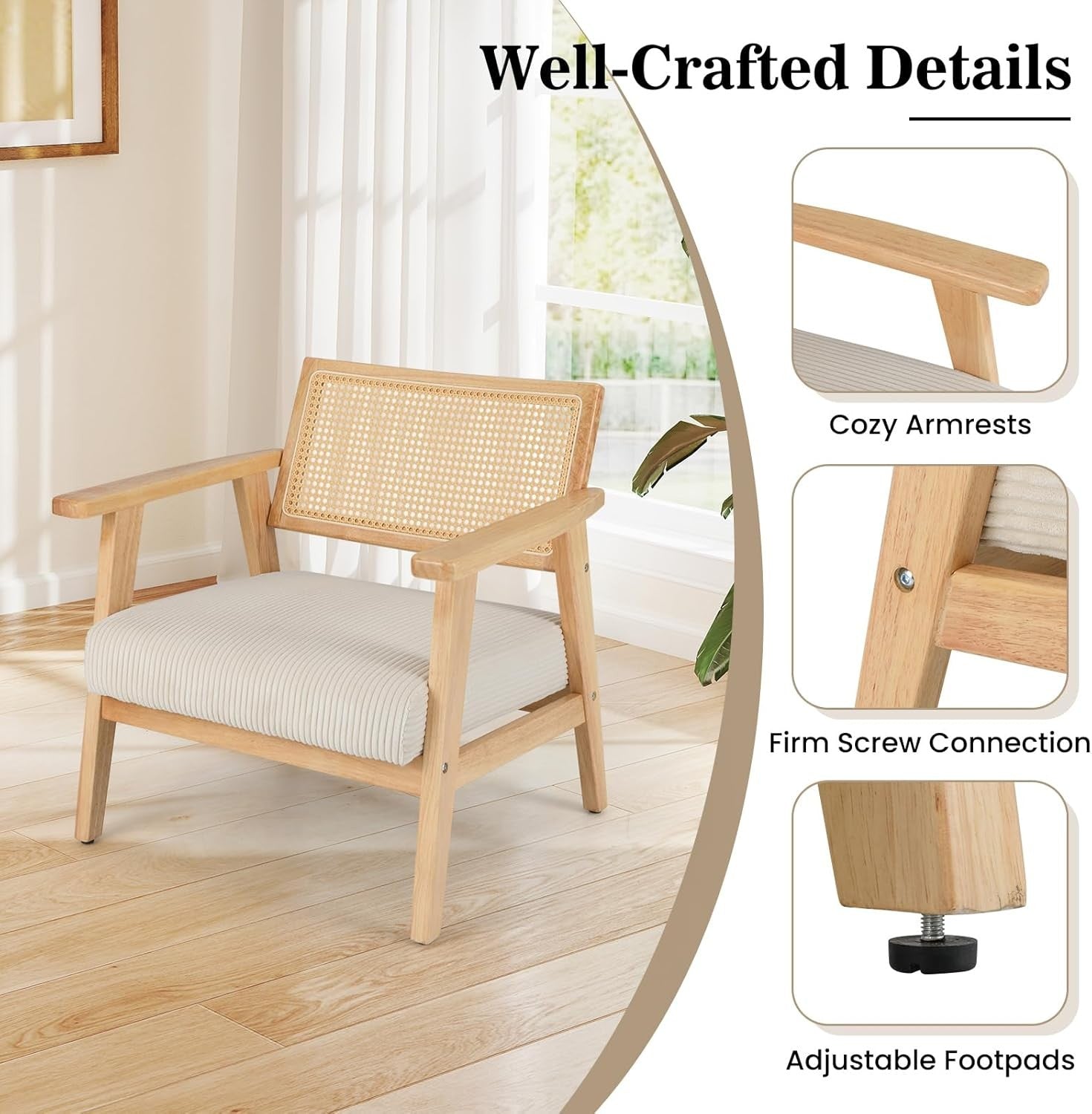Corduroy Accent Chair Rattan Back Wood Frame Lounge Armchair