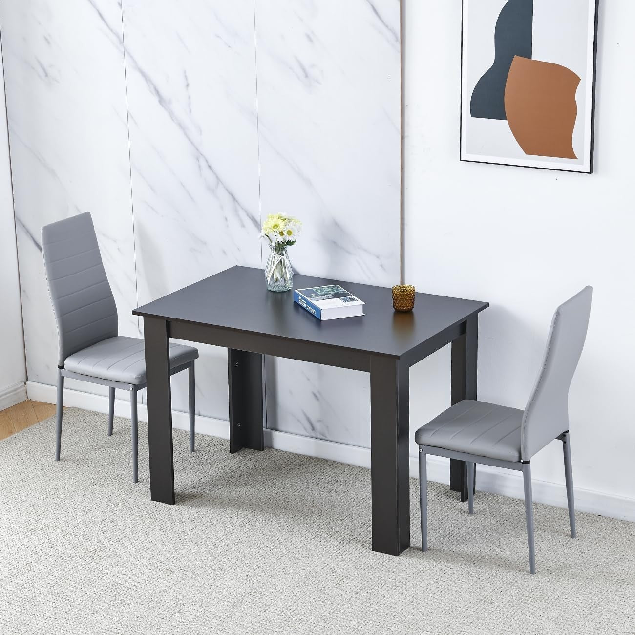 Compact Walnut Black Dining Table Set 110x70x76cm with 2 Faux Leather Chairs