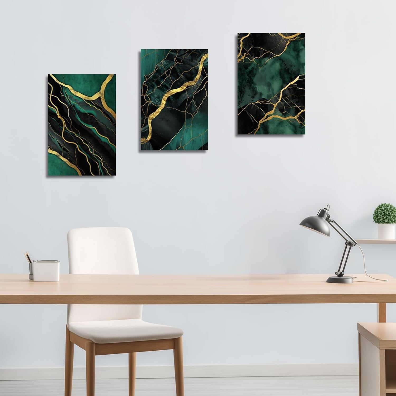 3Pcs Emerald Green & Gold Abstract Canvas – Marble Texture Framed Wall Art