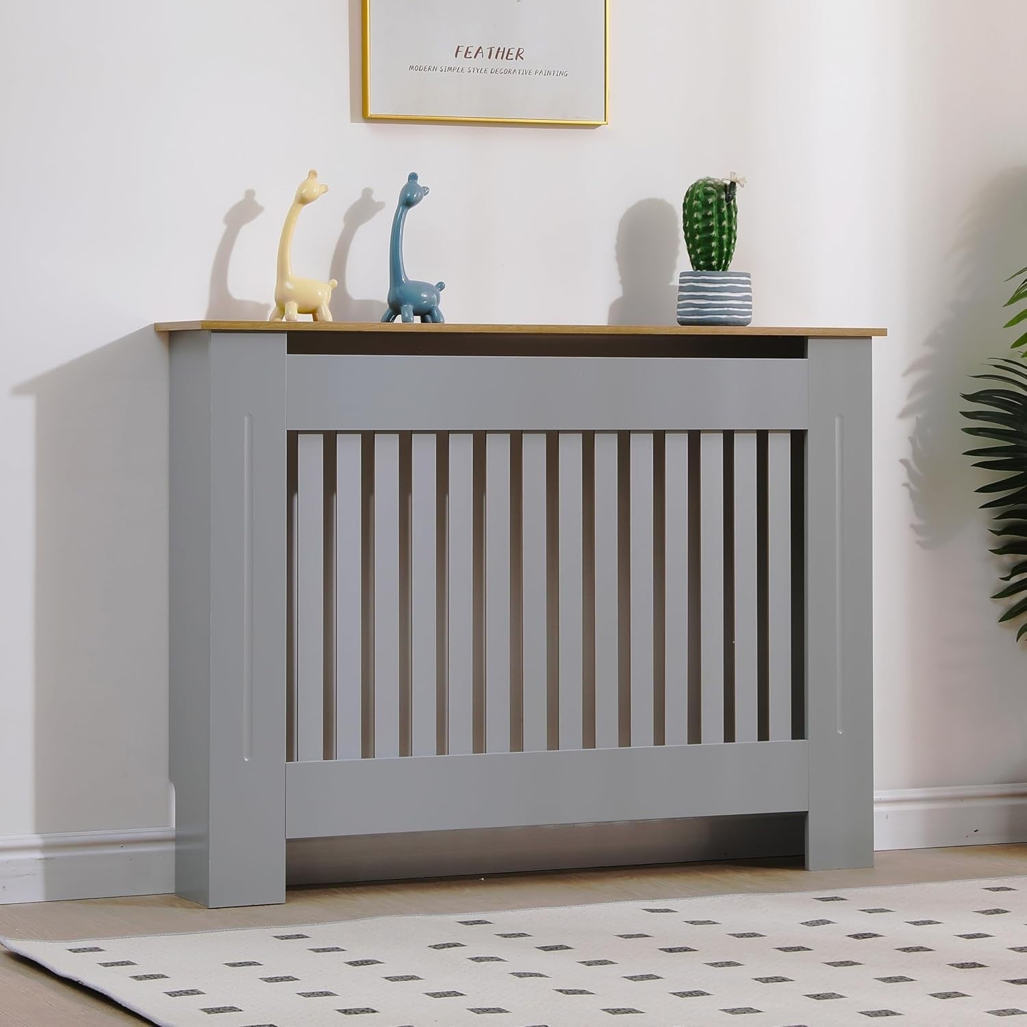 Modern Grey Radiator Cover MDF Wood Slatted Grill Cabinet 112x82x19cm