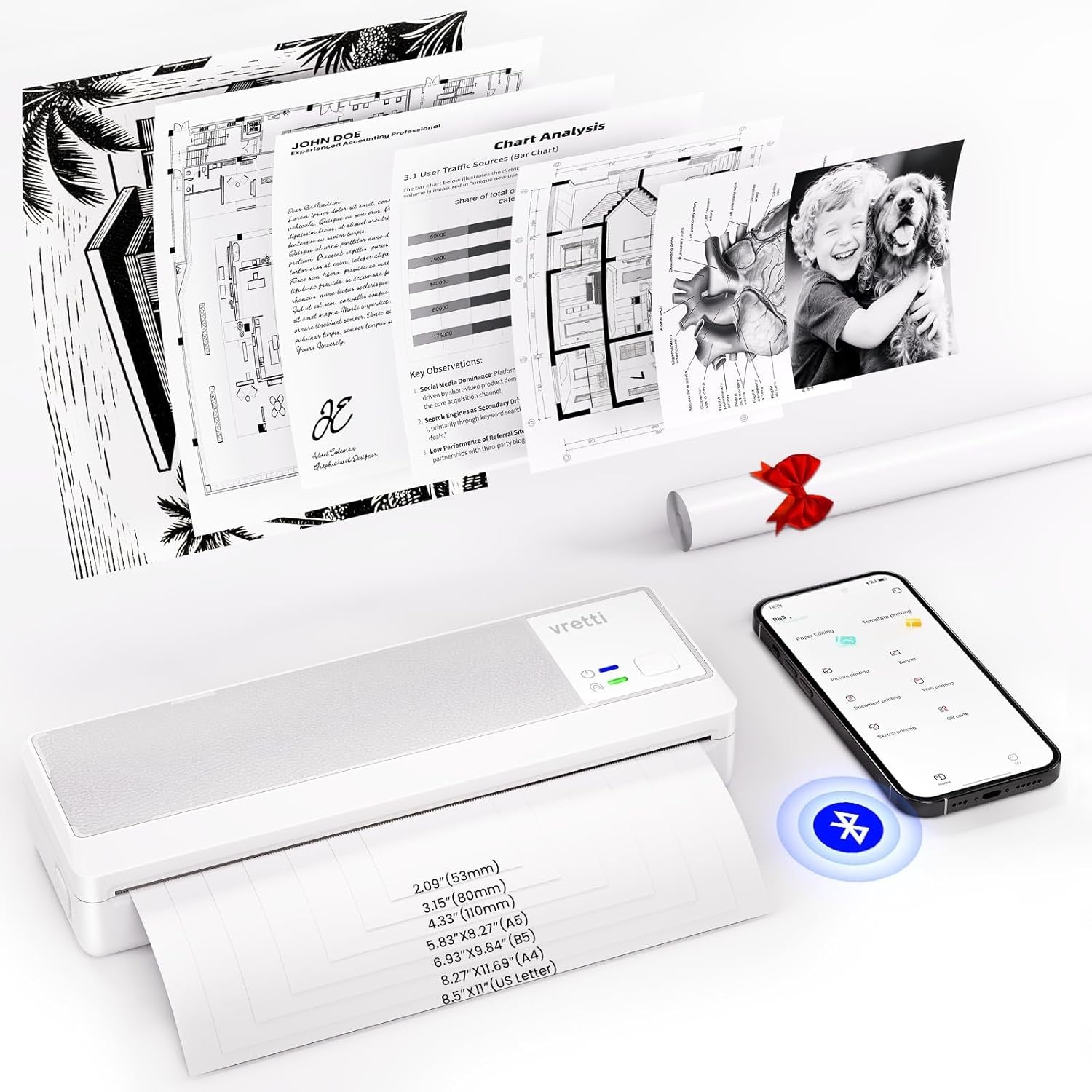 Portable A4 Thermal Printer Bluetooth Inkless Travel Office